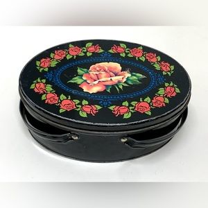 Early Mid Century Vintage Rose Floral Pattern Metal Lidded Handled Biscuit Tin